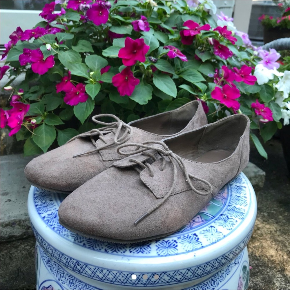 taupe suede lace up oxfords